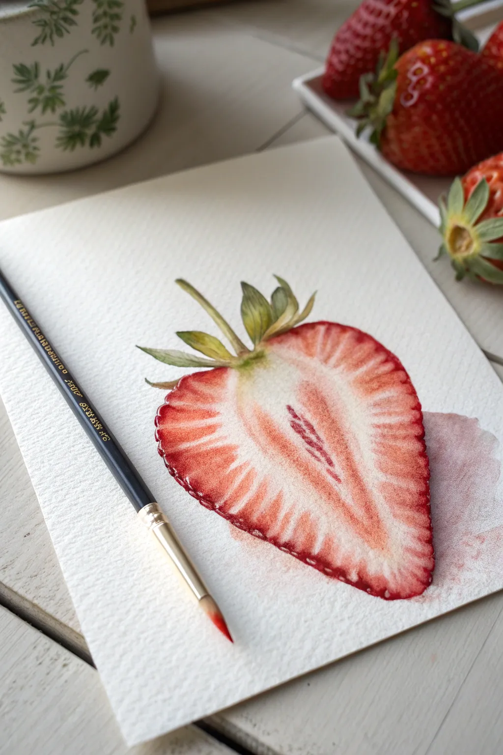 Strawberry slice cross-section study with soft shadow, perfect for minimal watercolor practice.