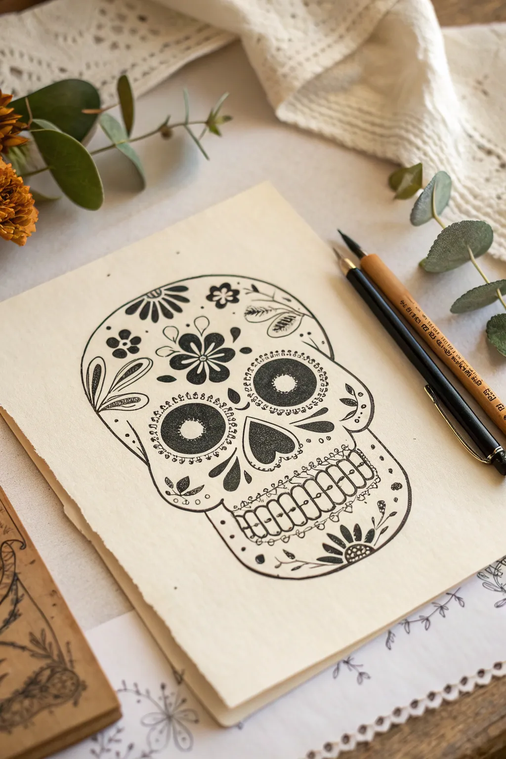 Papel picado sugar skull: clean linework, delicate cutout motifs, and soft boho color accents