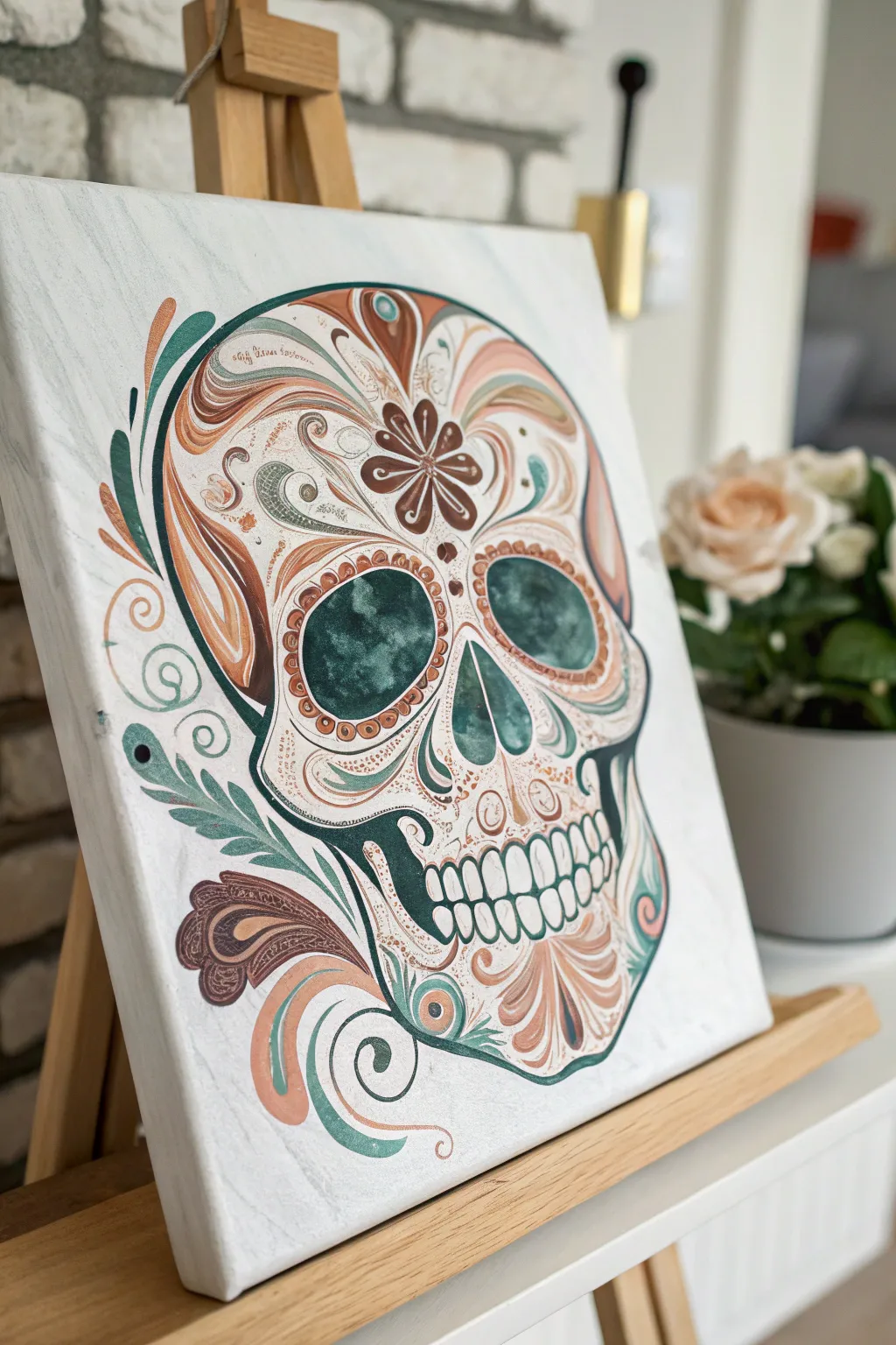 Acrylic pour swirls with crisp hand-painted sugar skull florals for modern minimalist contrast