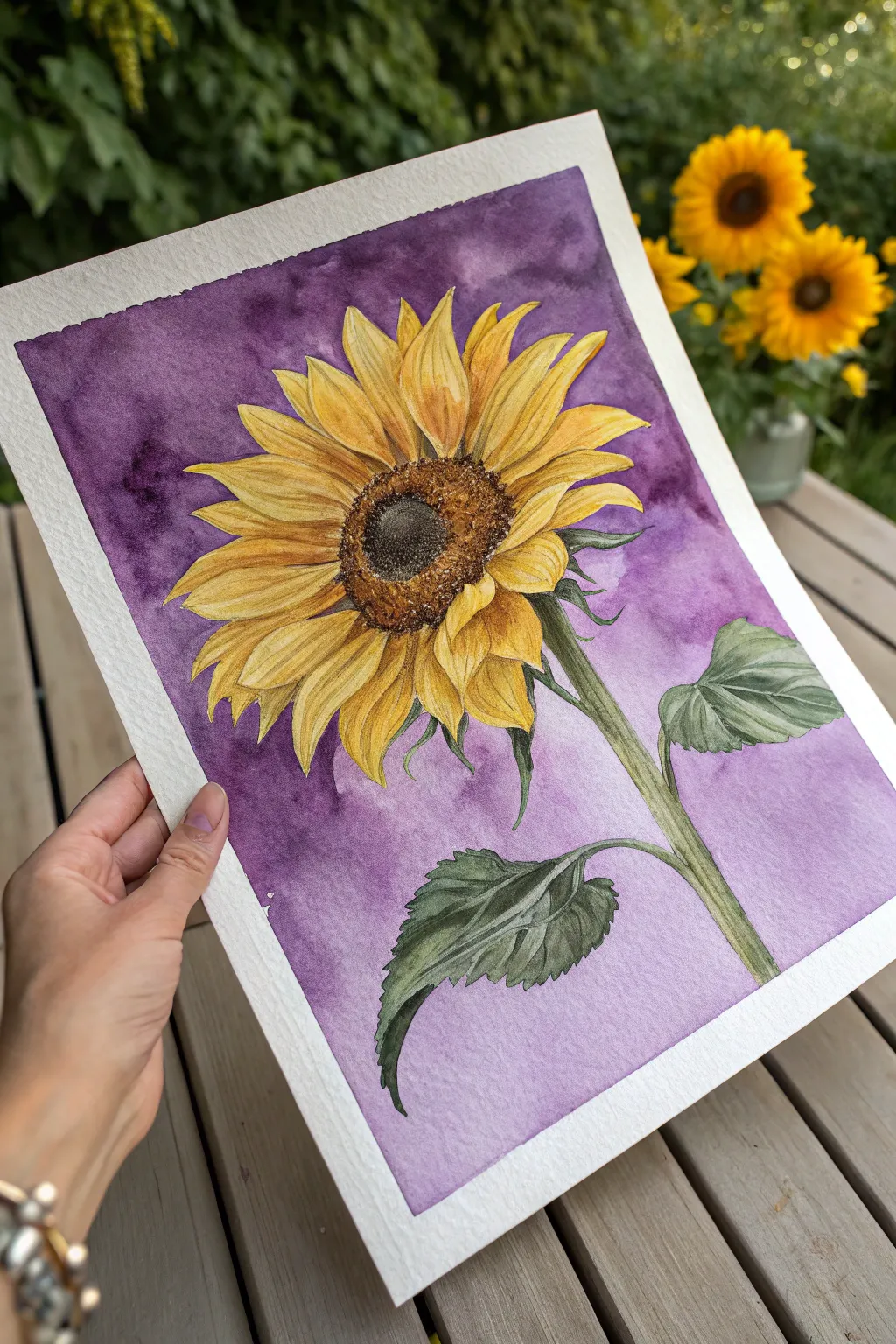 Bold sunflower on rich purple wash, a modern high-contrast pop with minimalist boho calm.
