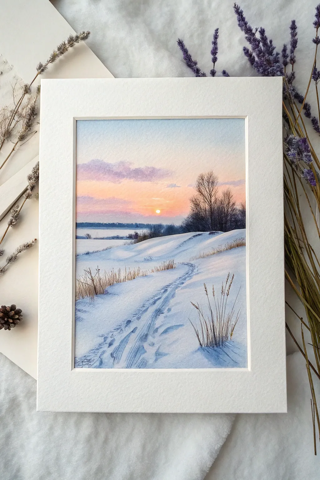 Cool blue snowbanks meet a warm sunrise horizon for a crisp, high-contrast winter painting.