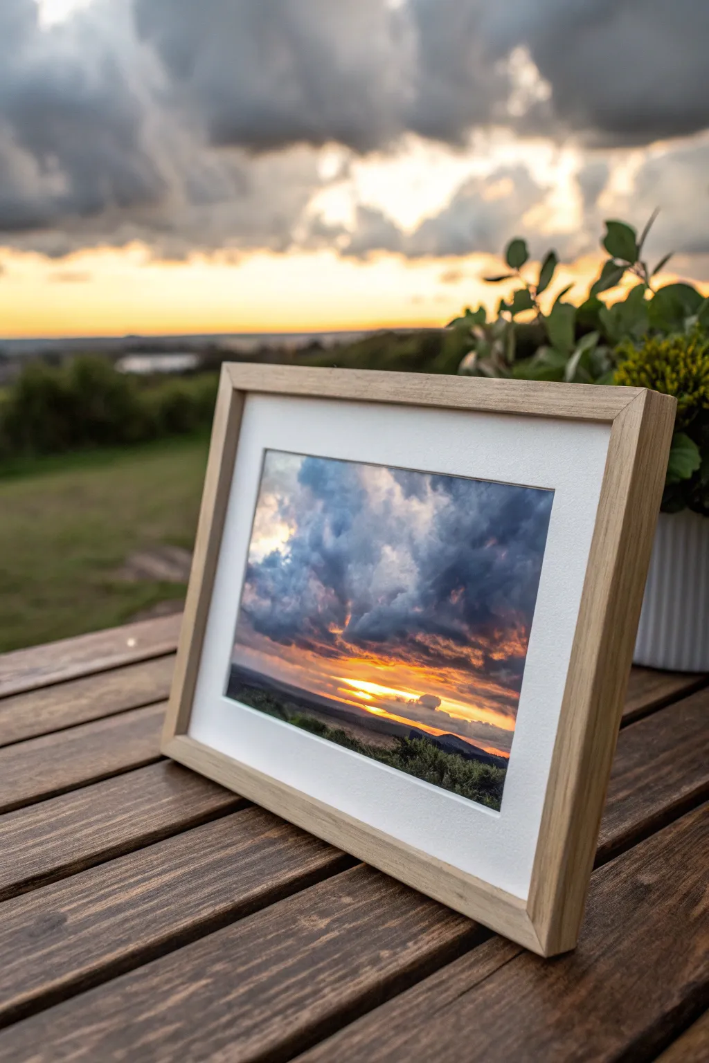 Moody storm clouds meet a glowing orange horizon, with a bright break of light to paint