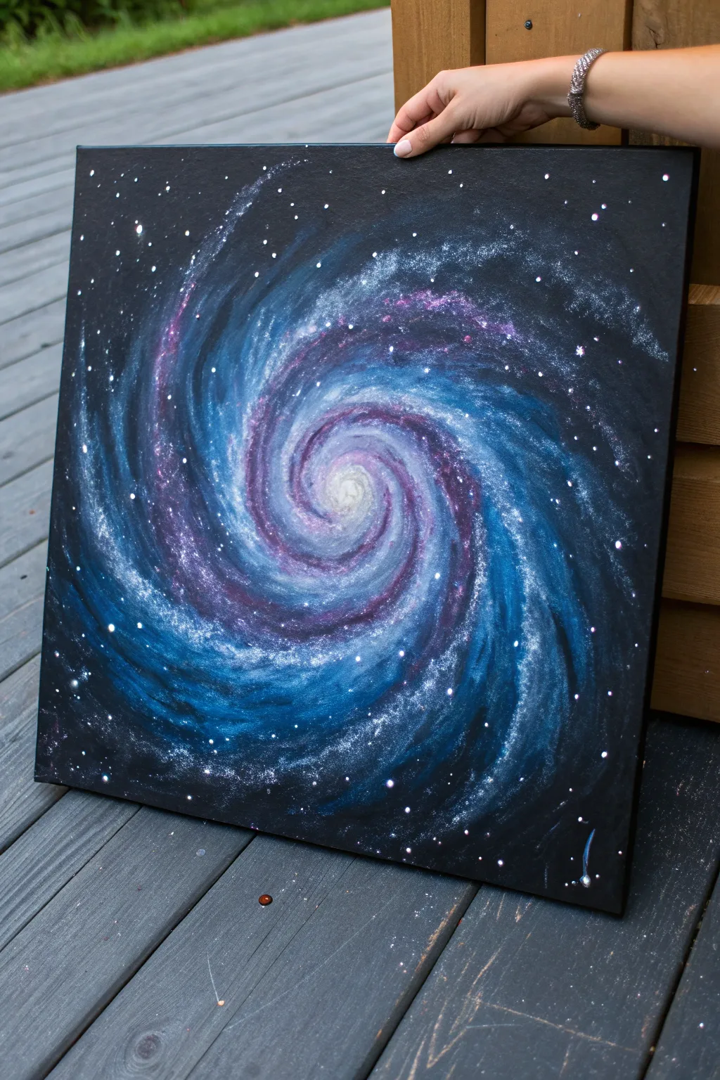 Galaxy vortex swirl painting with glowing blues and purples on a dark, star-splattered canvas
