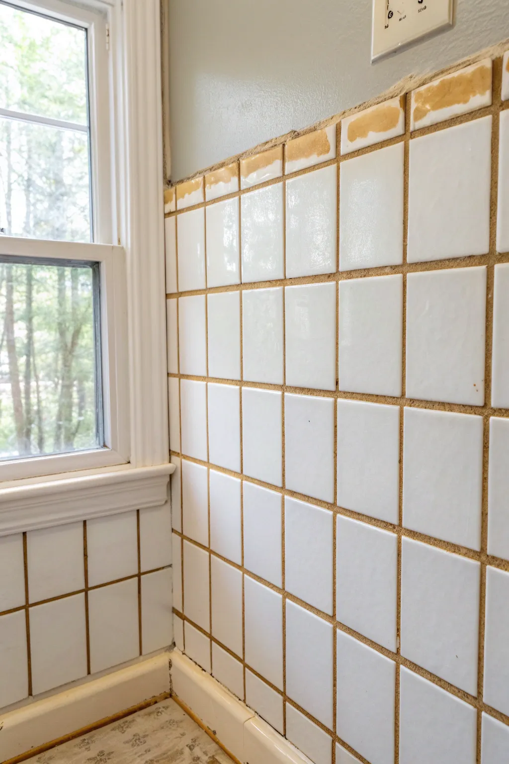 Simple taped grid turns a blank wall into a faux tile backsplash with clean Scandinavian charm.