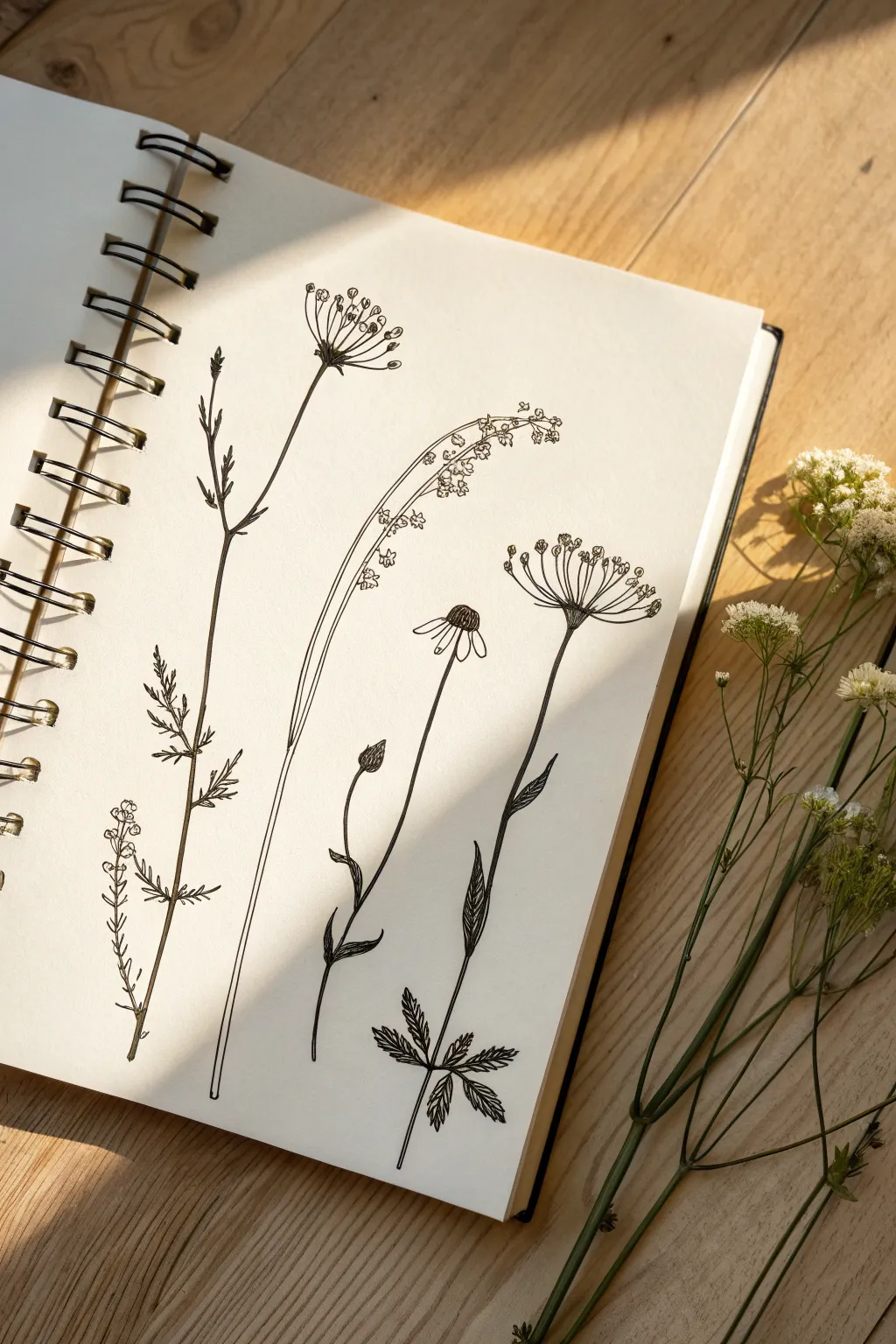 Birth-flower stem lineup in fine-line ink, minimalist tattoo sketch inspiration for women