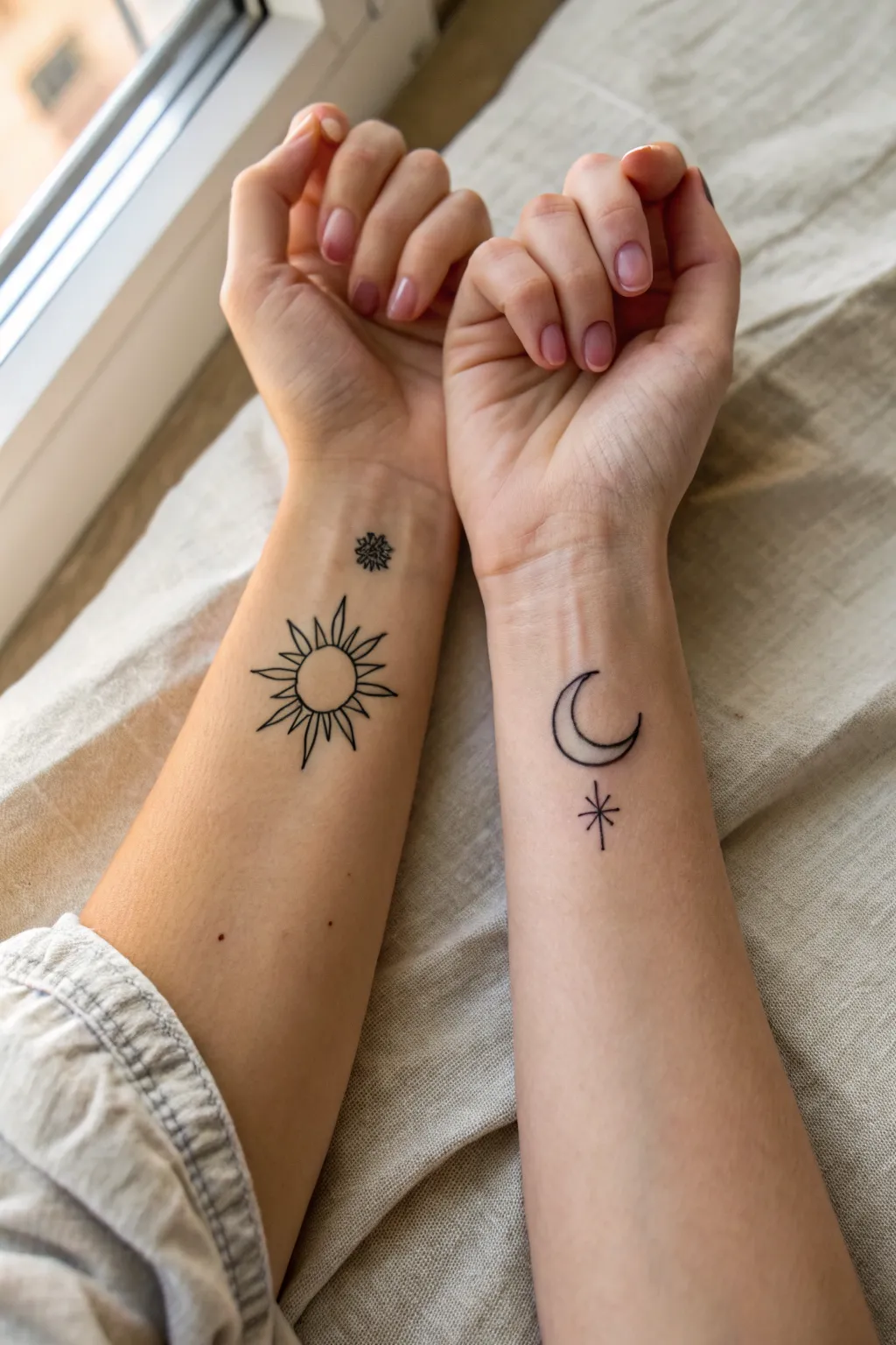 Sun and moon wrist tattoos, a balanced love pair in minimalist Scandinavian-boho style.