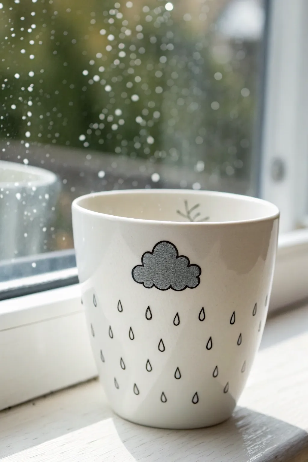Rainy-day teacup with glossy raindrops and a tiny cloud, cozy window light and contrast.