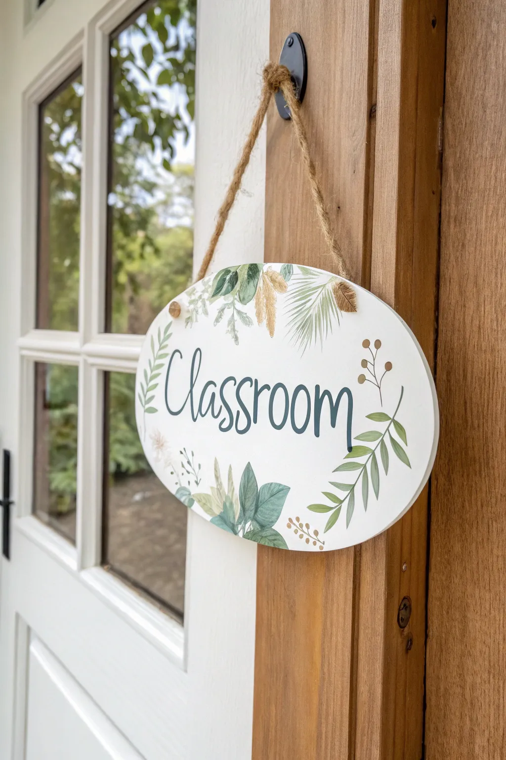 Minimal teacher door sign illustration with apples and pencils, ready to hang in any classroom