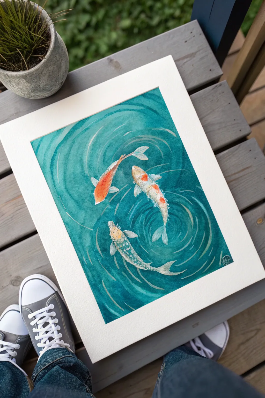 Teal-on-teal koi fish painting in swirling water, calming contrast for minimalist boho teal decor