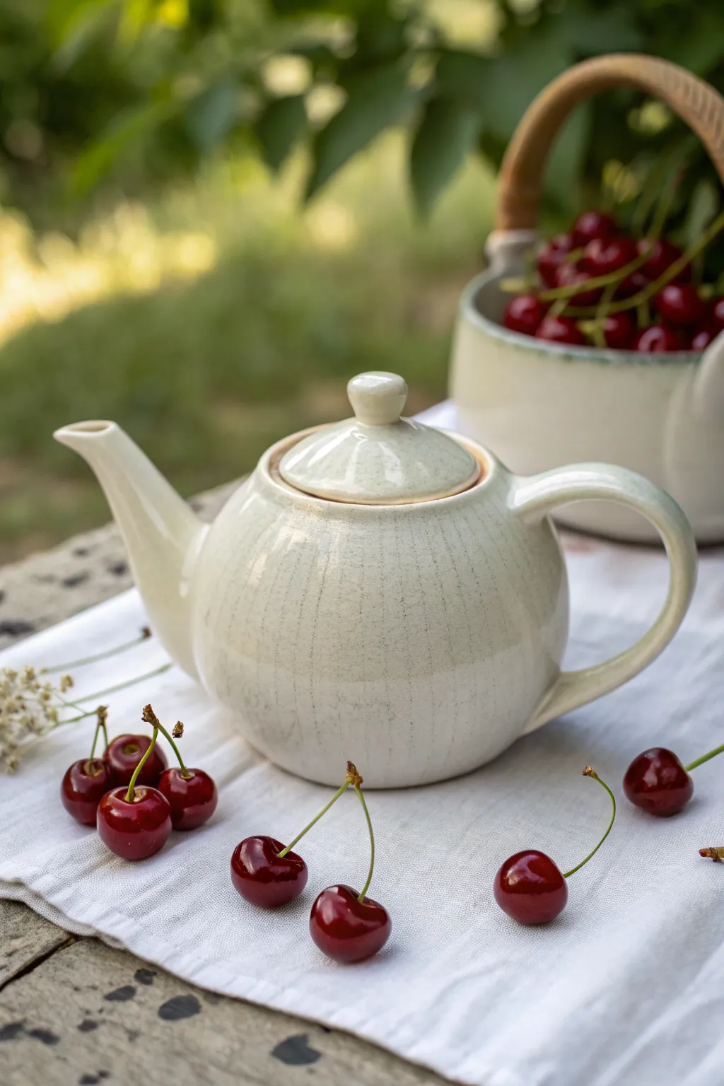 Minimalist teapot art idea: glossy cherries on lid and spout for a soft Nordic-boho look.