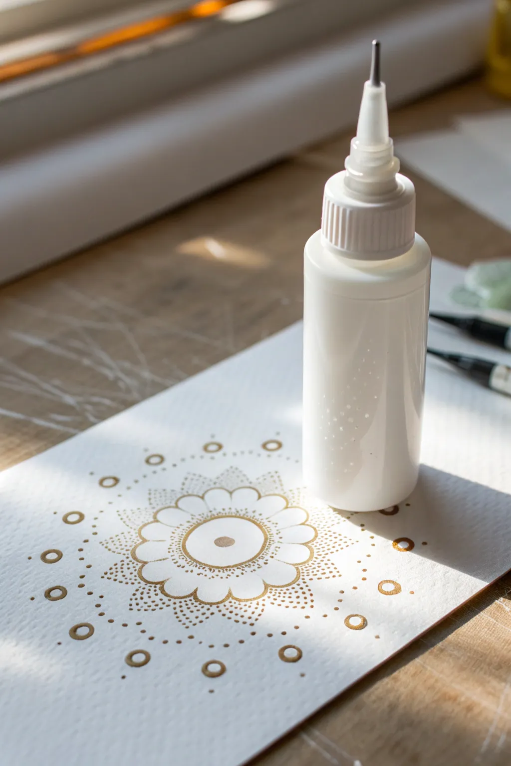 Glossy tempera dot painting with a squeeze bottle, creating a calm boho mandala on white paper