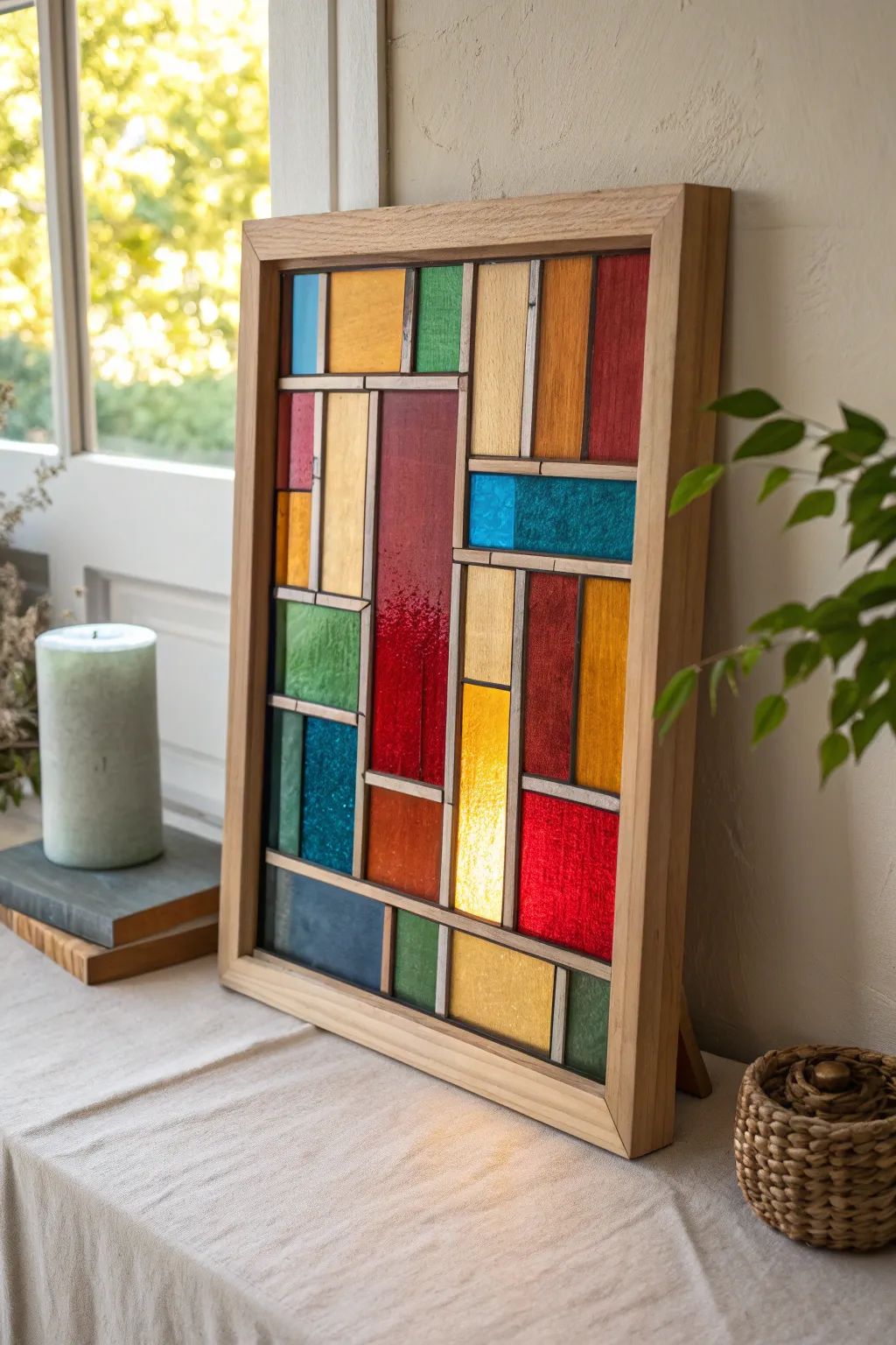 Faux stained glass glow: bold outlines and luminous tempera paint stick patchwork