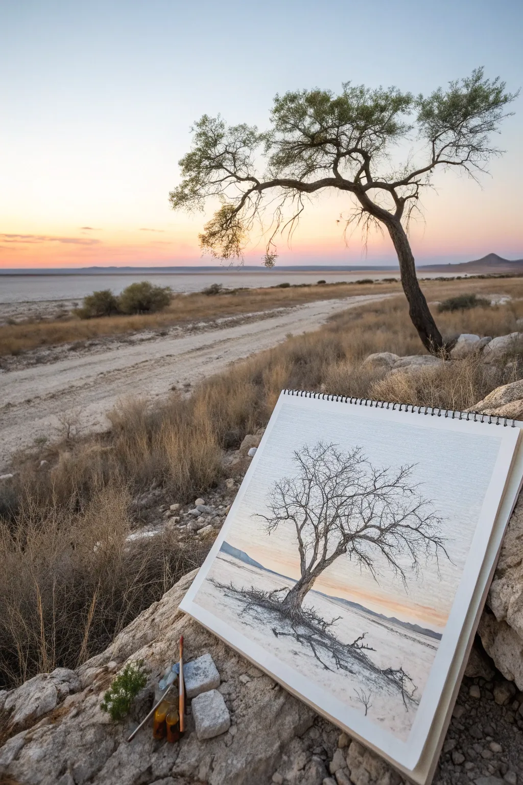 Minimal West Texas horizon study with one mesquite silhouette and a roomy pastel sky