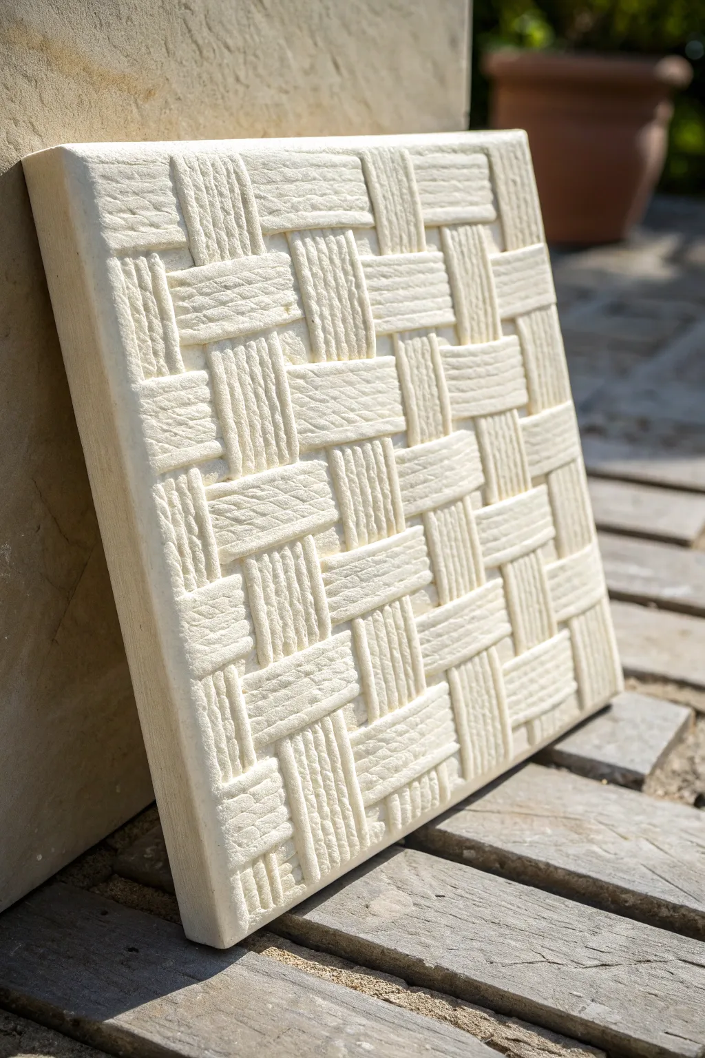 Woven-fabric crosshatch relief: scraped plaster lines with bold light and shadow contrast