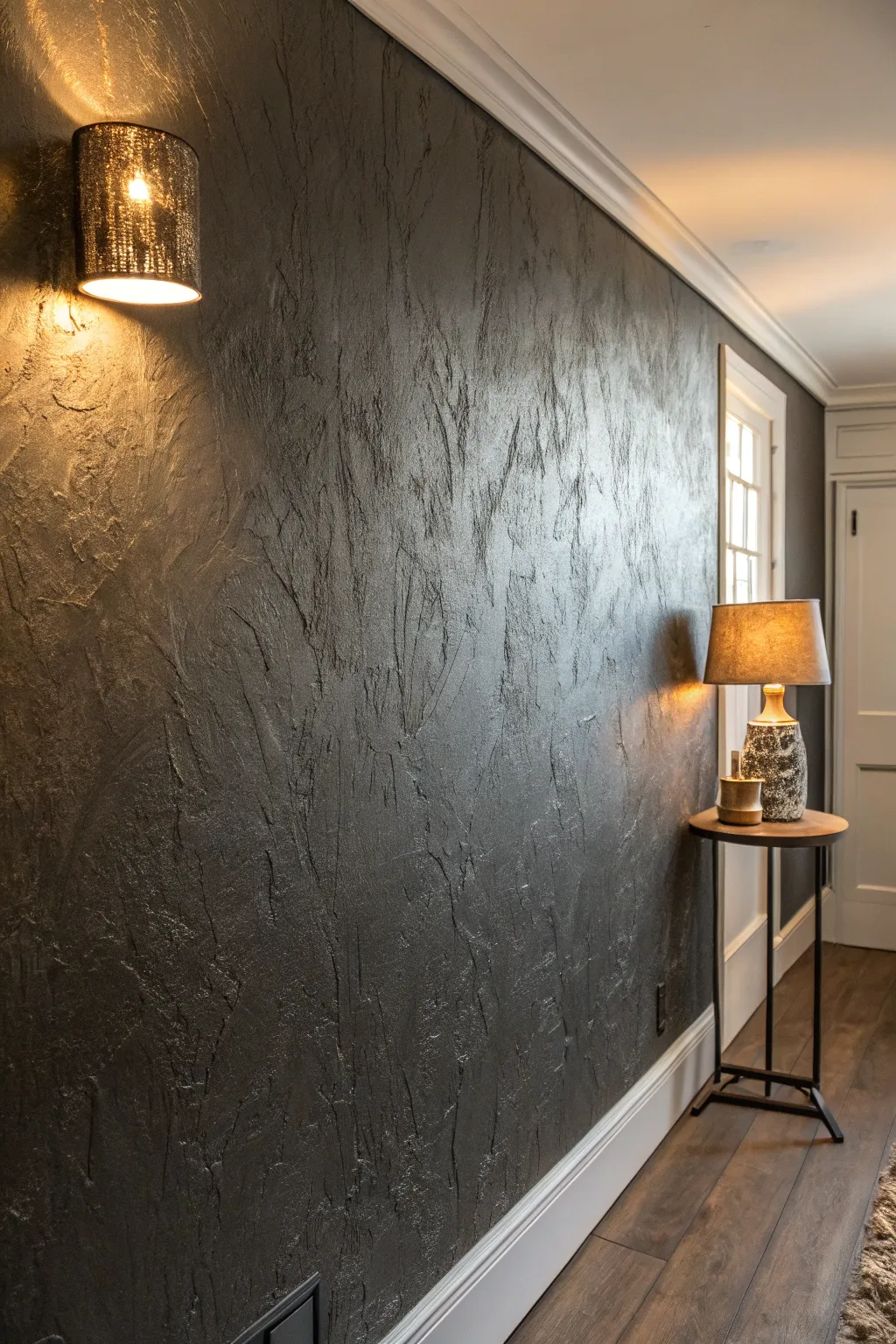 Moody metallic skim coat texture that catches warm light for subtle, dimensional shimmer