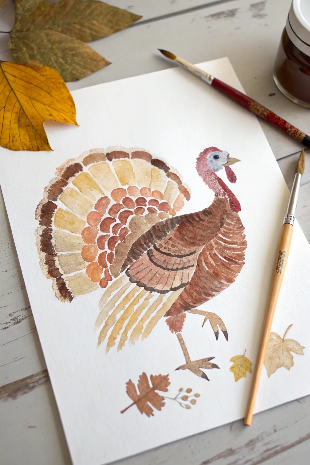 Finger-blended gravy browns and pie-gold feathers create a minimalist turkey perfect for kids.
