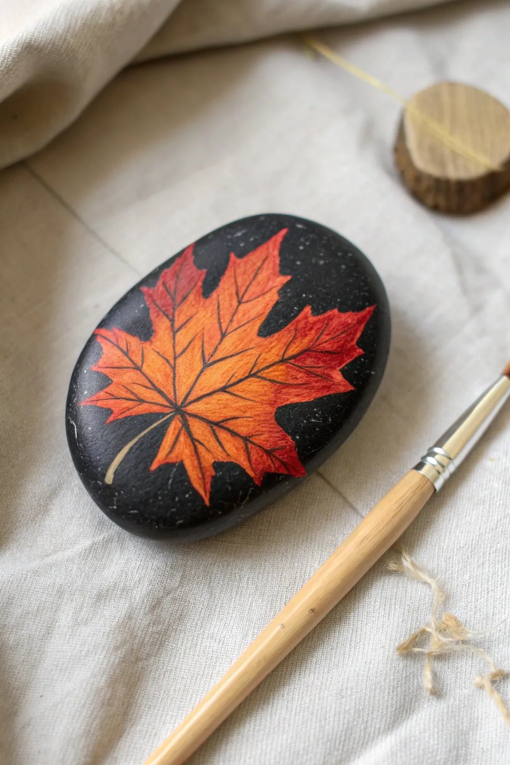 Paint a bold maple leaf on a dark rock for an easy, elegant Thanksgiving fall accent.