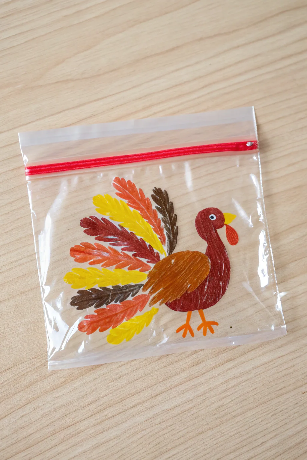 Easy mess-free turkey painting: colorful swirls inside a sealed bag for Thanksgiving fun