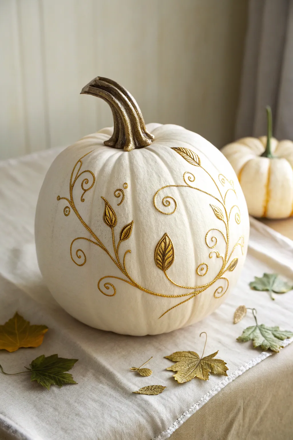 Minimal white pumpkin with hand-painted golden vines, elegant and cozy for Thanksgiving tables.