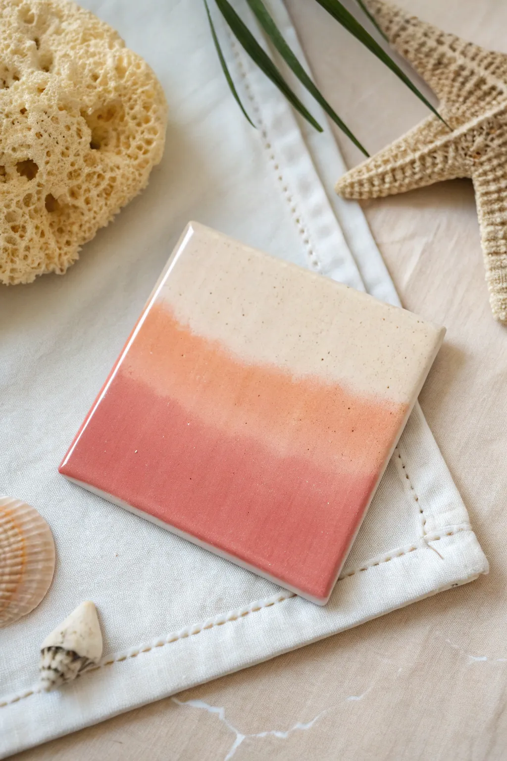 Smooth ombre tile with sponged blends, styled in bright minimalist boho tones