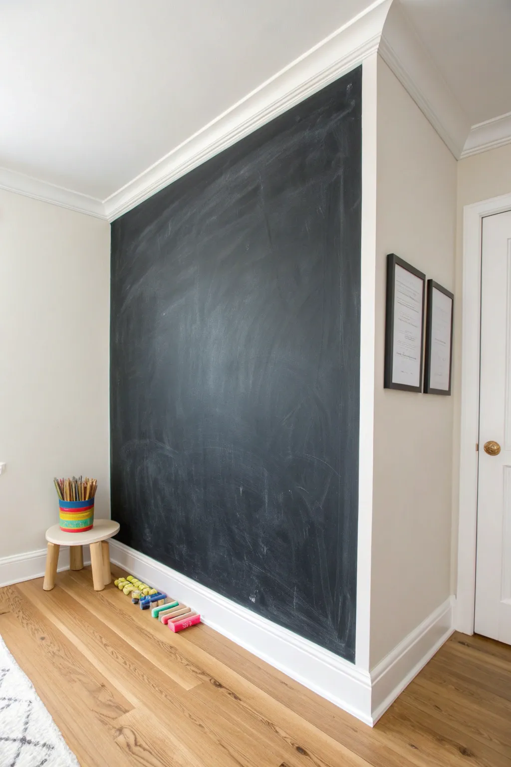 A calm chalkboard wall corner for toddler doodles, paired with light wood and cozy boho texture.