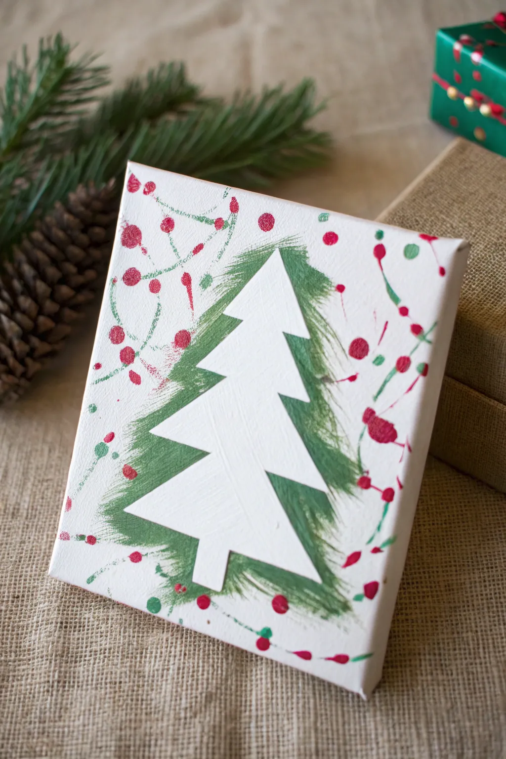 Tape-resist Christmas tree canvas with a crisp white silhouette and joyful toddler brush strokes