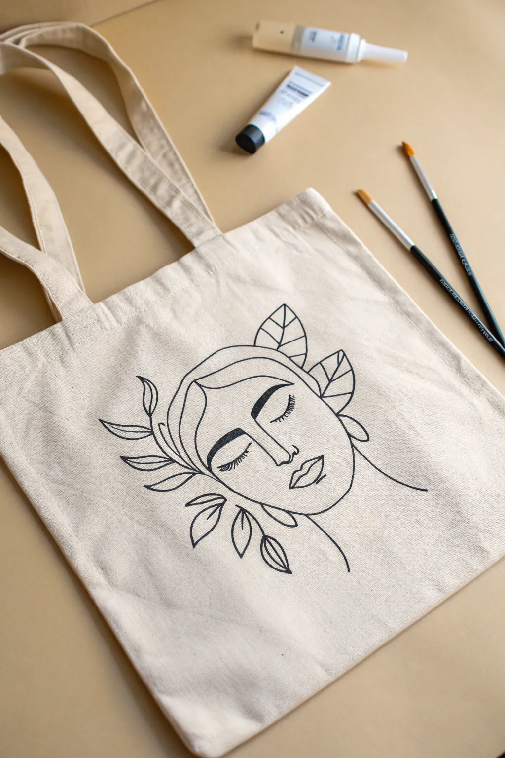 Minimal line art face on a canvas tote, clean black strokes and calming negative space