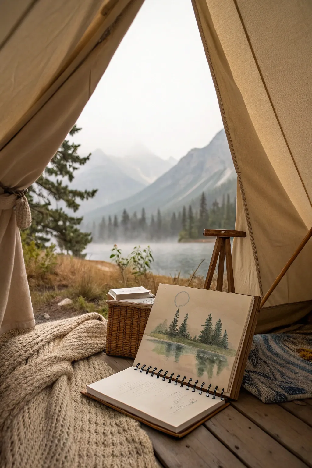 Inside the tent, capture a misty lake and pines in a simple travel watercolor study.