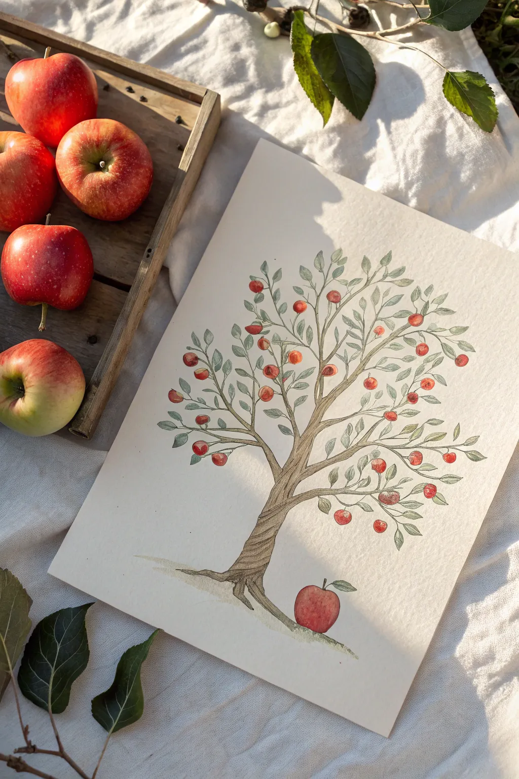 Minimalist apple tree sketch with bright fruit dots for an easy pop of color in your drawing