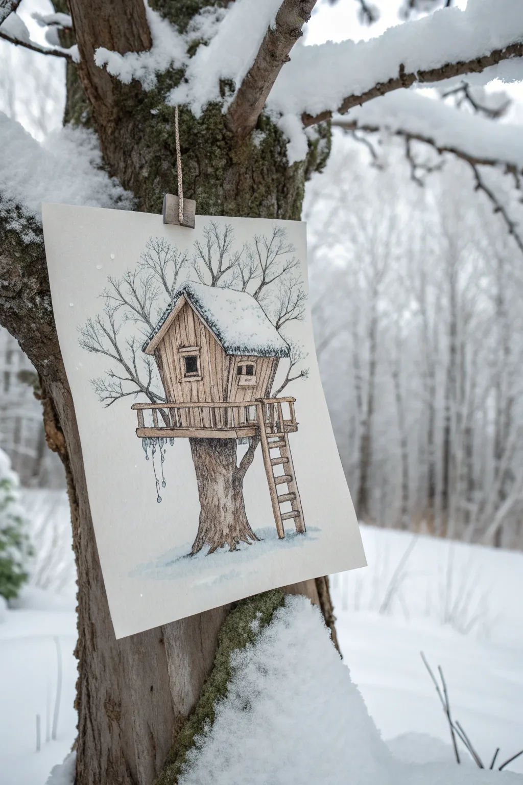 Snowy tree house sketch with soft winter shading and icicles for calm, cozy drawing ideas