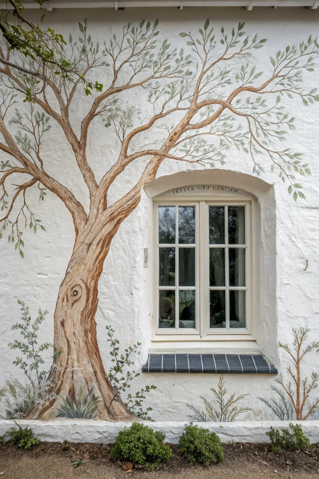 Tree mural branches wrap the window like a frame, with leafy corners for soft minimalist boho charm