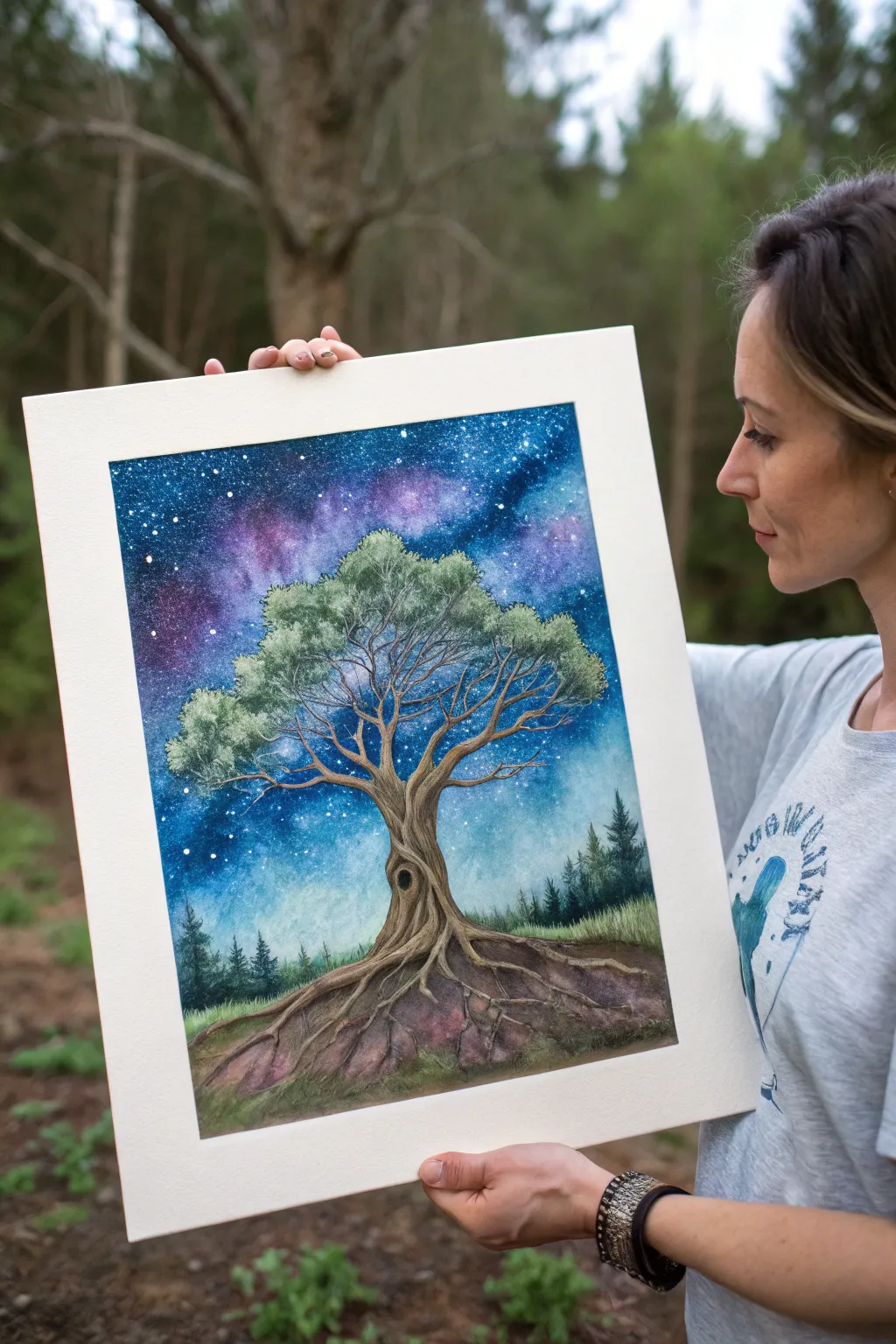 Earthy Tree of Life dissolving into indigo cosmic roots, minimalist boho contrast and calm magic