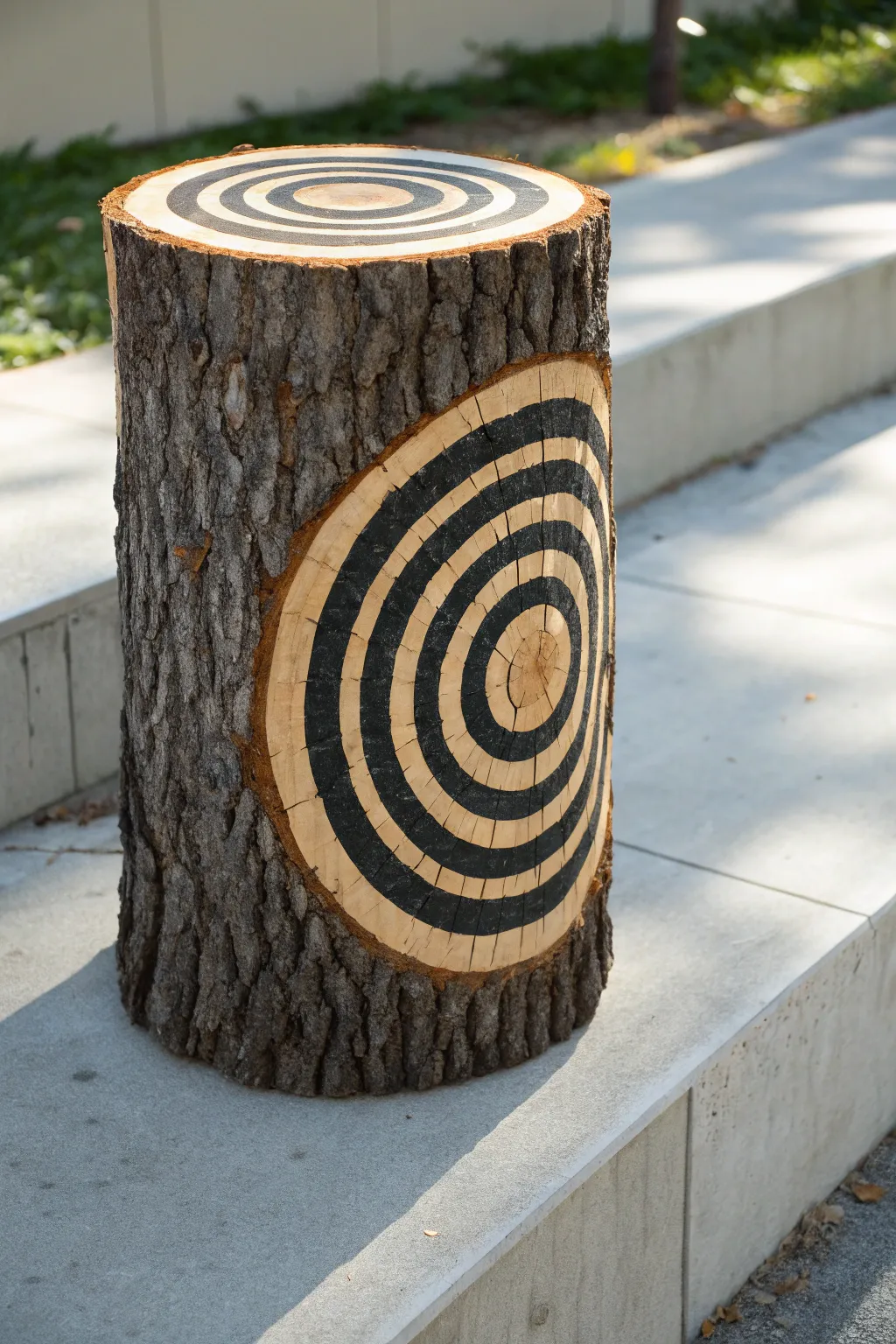 Bold concentric circles turn a simple trunk into a modern minimalist outdoor art statement.