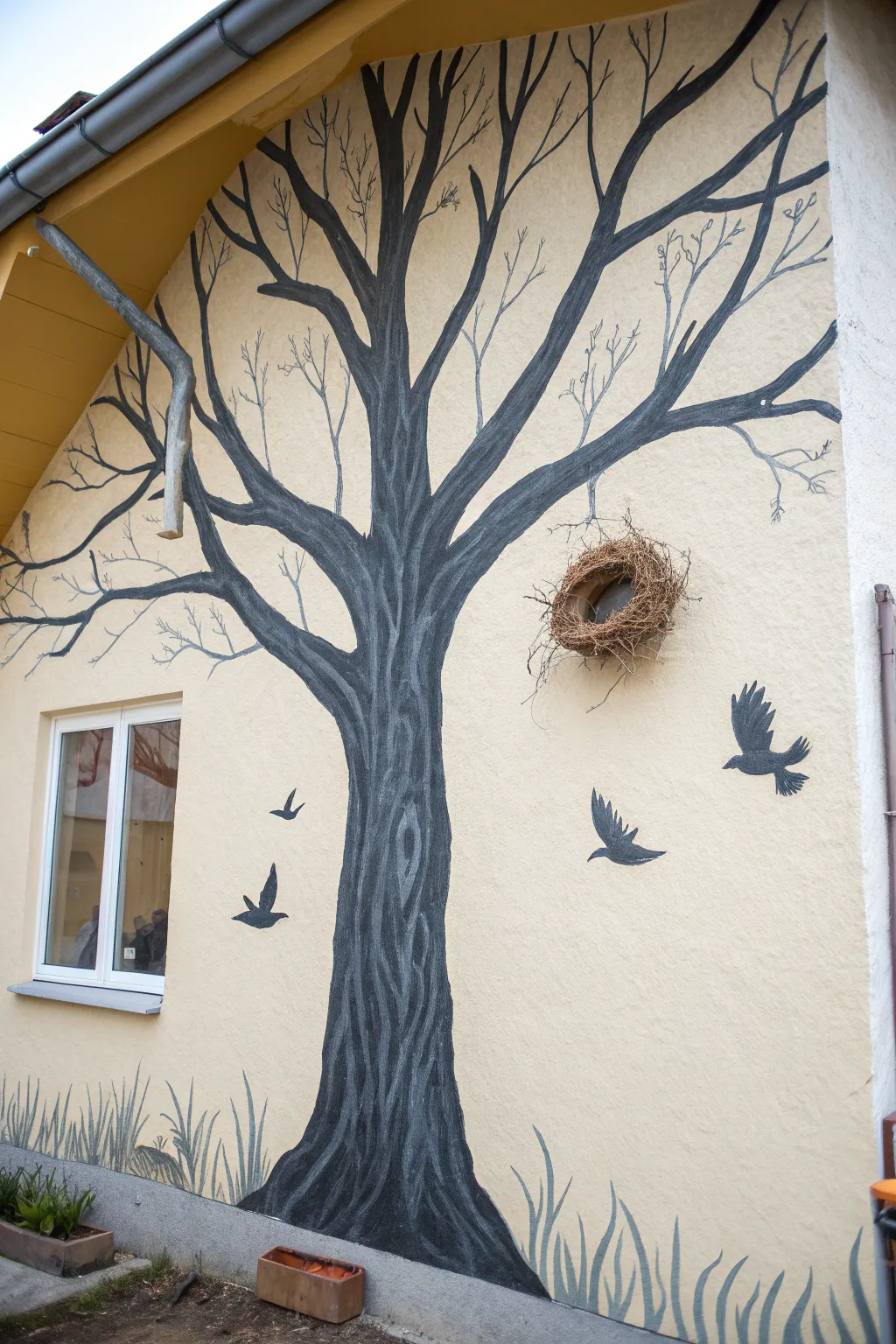 Scandi-boho tree mural with a tucked nest and simple birds, calm contrast and handmade charm.