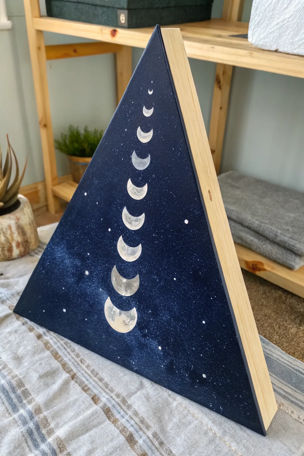 Minimal moon phases climb a triangle canvas, dark night sky with soft crescents and speckles.
