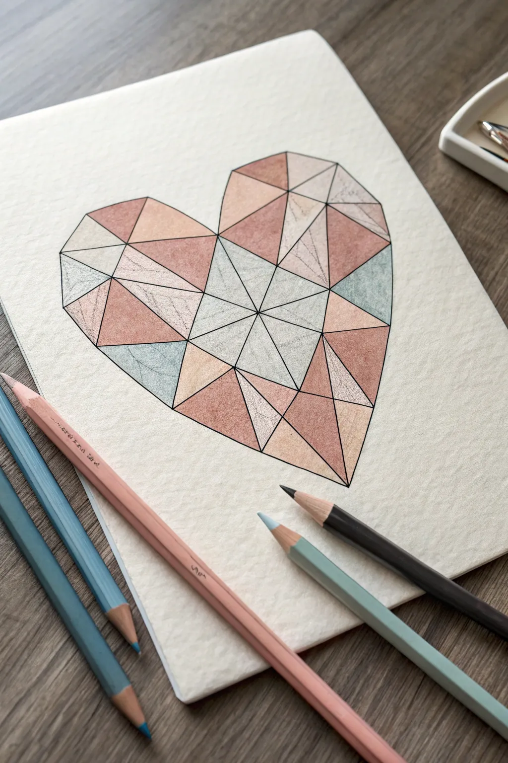 Faceted geometric heart of interlocking triangles in soft boho pastels, clean and minimal