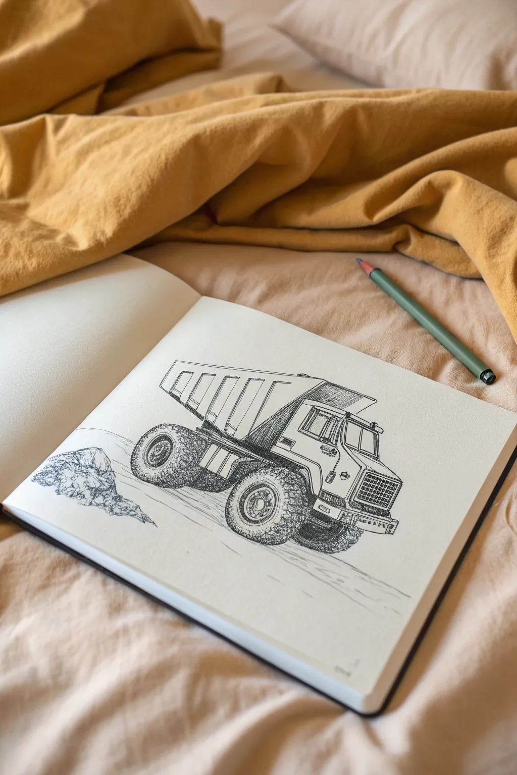 Chunky dump truck sketch with sturdy wheels and a faint tilted bed outline for big-form practice