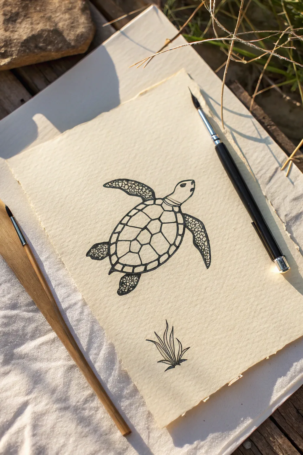 Bold line weight ink turtle outline, crisp contours and airy minimal negative space.