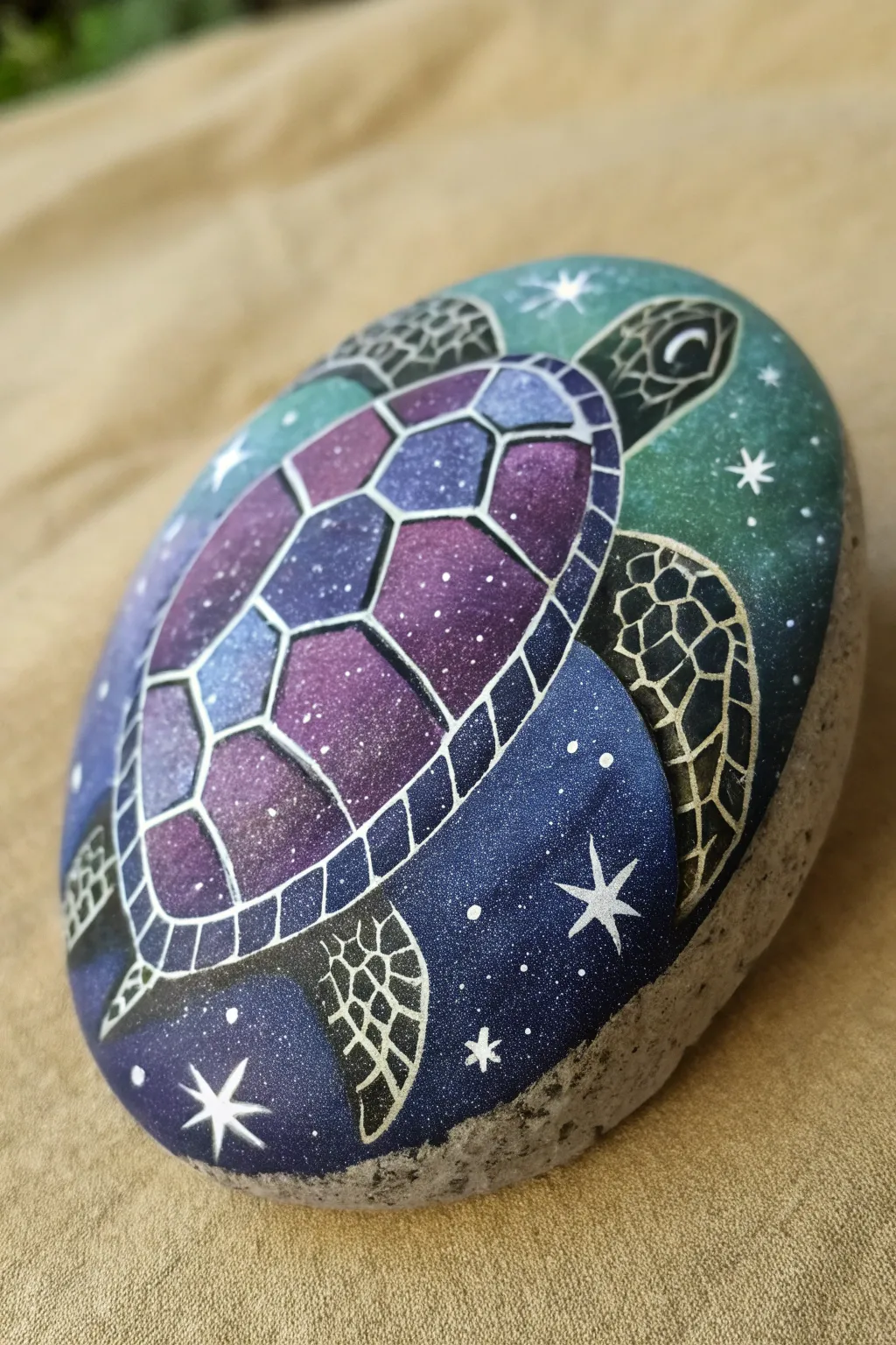 Galaxy shell turtle rock with starry blues and simple sage accents in a clean minimalist style