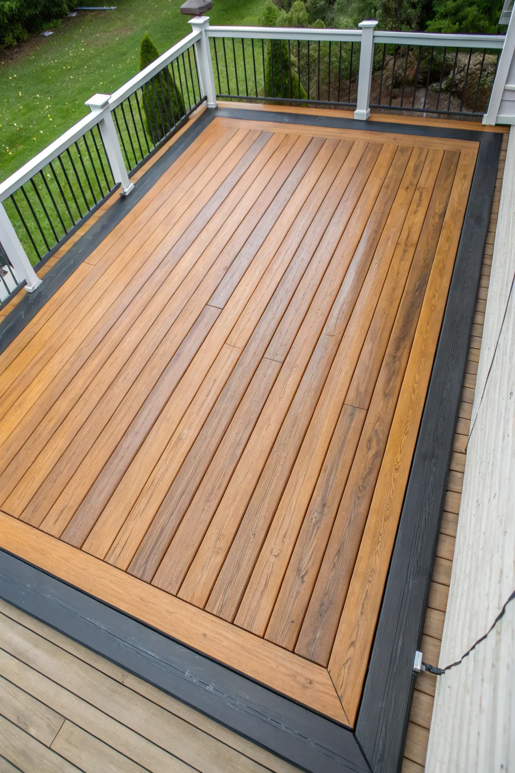 Modern two-tone deck stain: diagonal field boards framed by a crisp straight border for contrast.