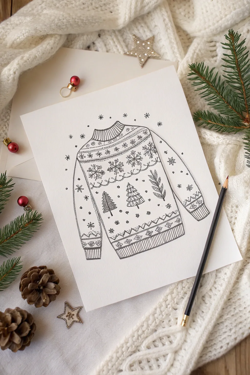 Holiday doodle collage sweater drawing idea with tiny festive icons in minimalist boho style