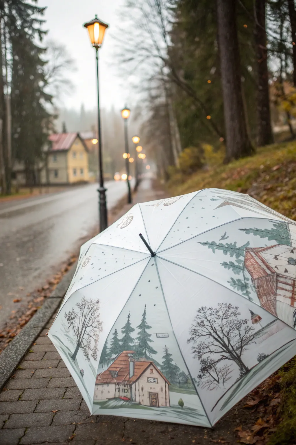 Open umbrella with storybook-painted wedges, one scene sharp, others softly fading.