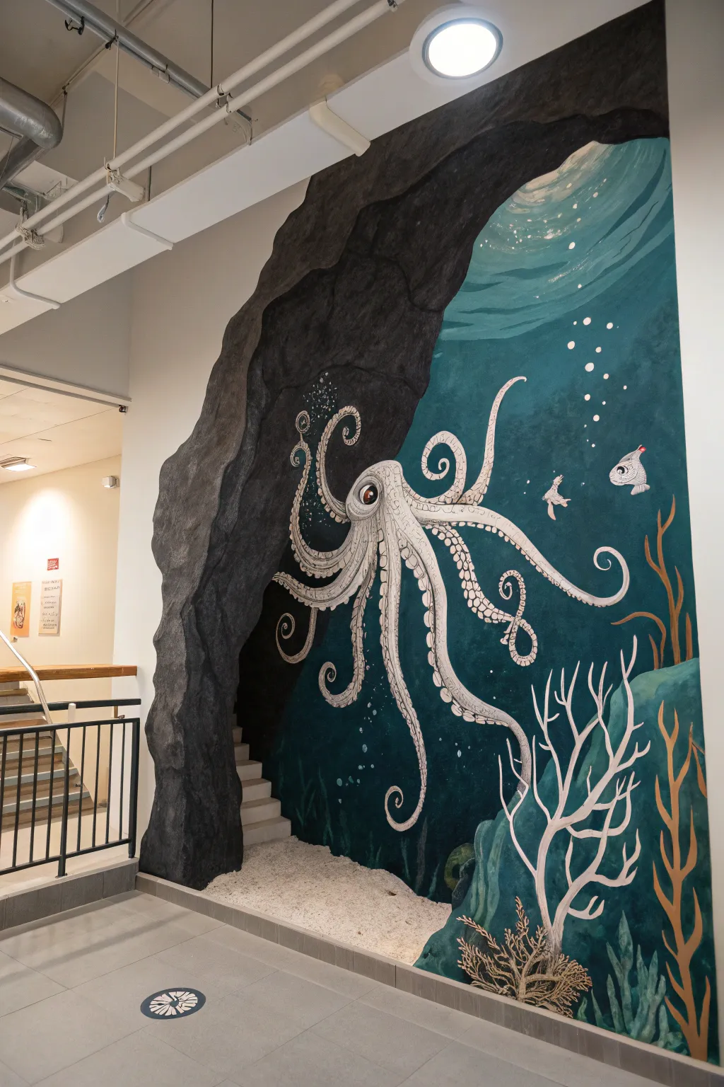 Moody rocky-cave octopus mural with elegant tentacles and soft silt shadows for deep contrast.
