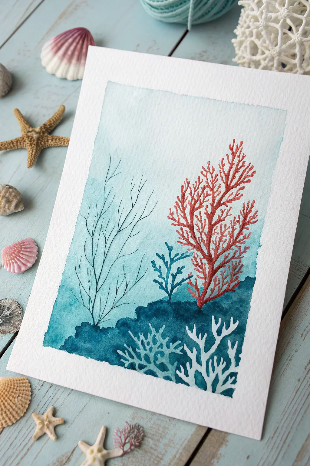 Easy underwater coral reef painting using repeated shapes in a clean minimalist, boho style