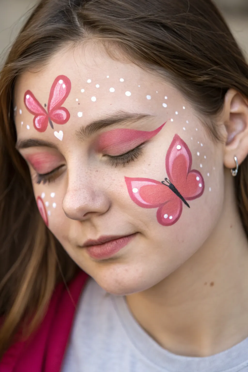 Butterfly Hearts face paint with heart-shaped wings, pink-to-red blend, and airy white dots