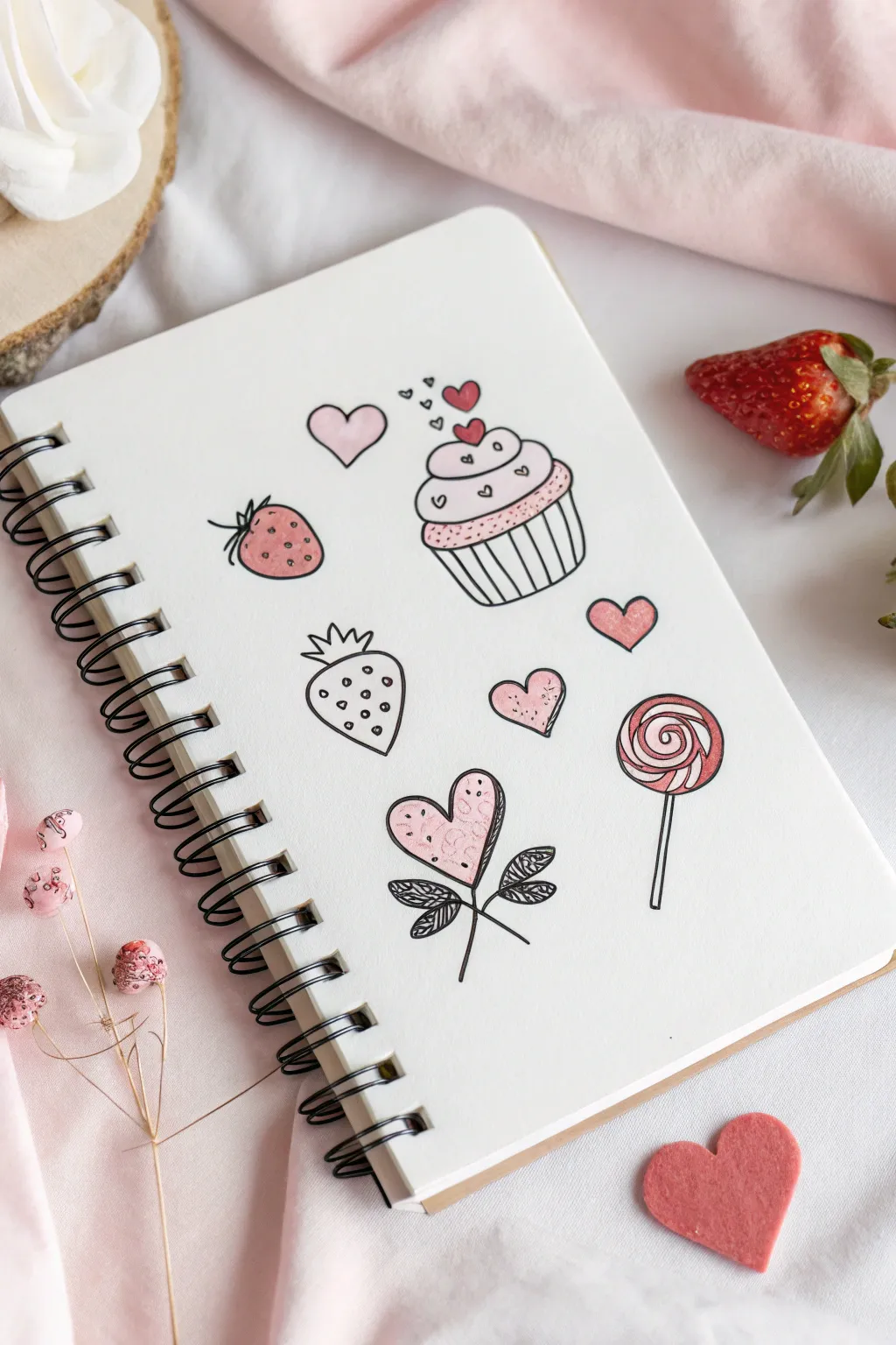 Sweet Valentine dessert doodles with hearts: cupcake, dipped strawberry, and lollipop icons