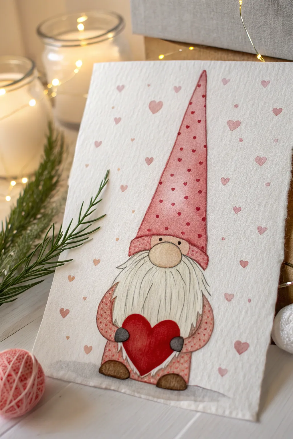 Sweet Valentine gnome painting idea with a blush hat and bright red heart, simple and cozy.