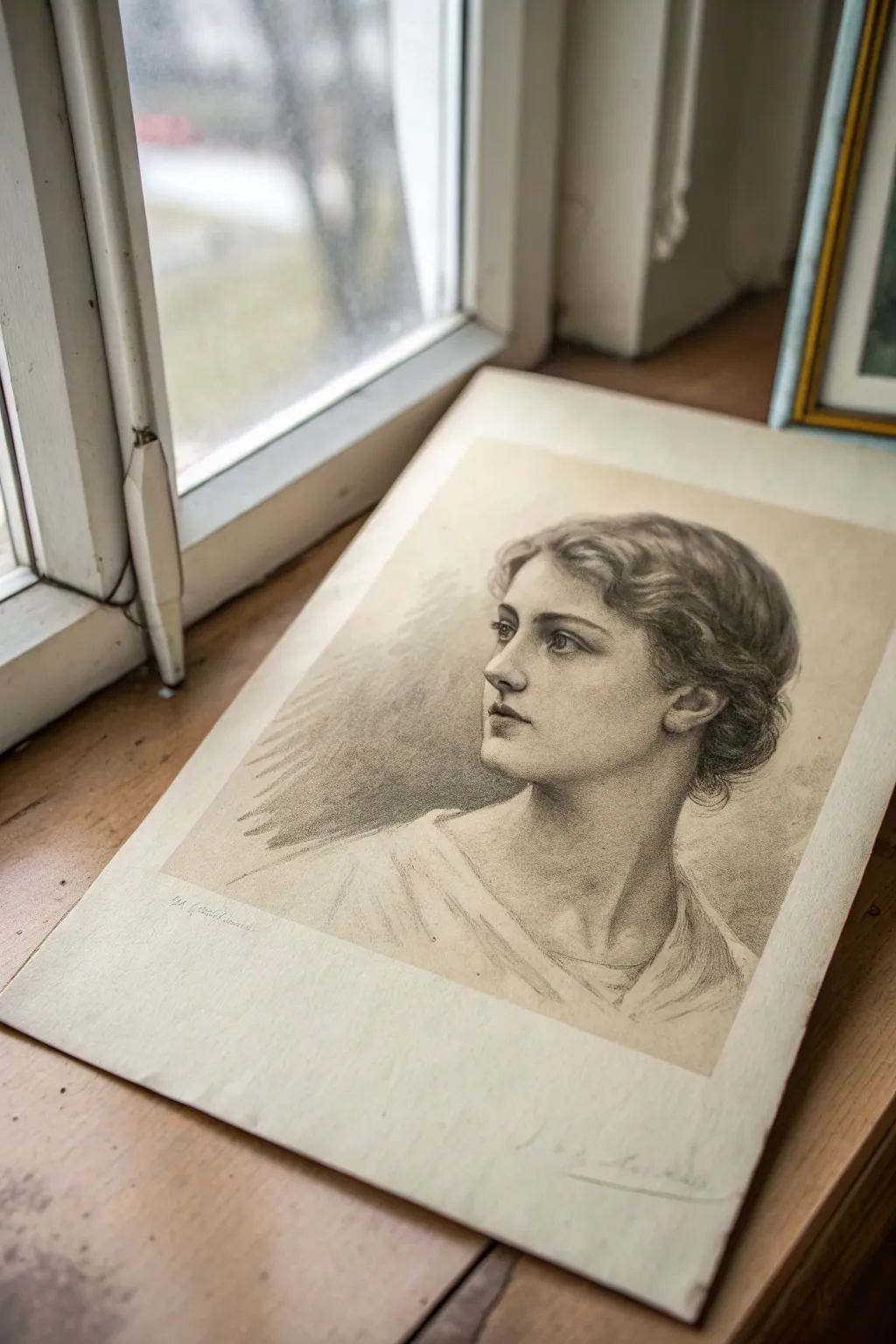 Create a vintage sepia portrait with soft charcoal shadows and a gentle antique paper texture.