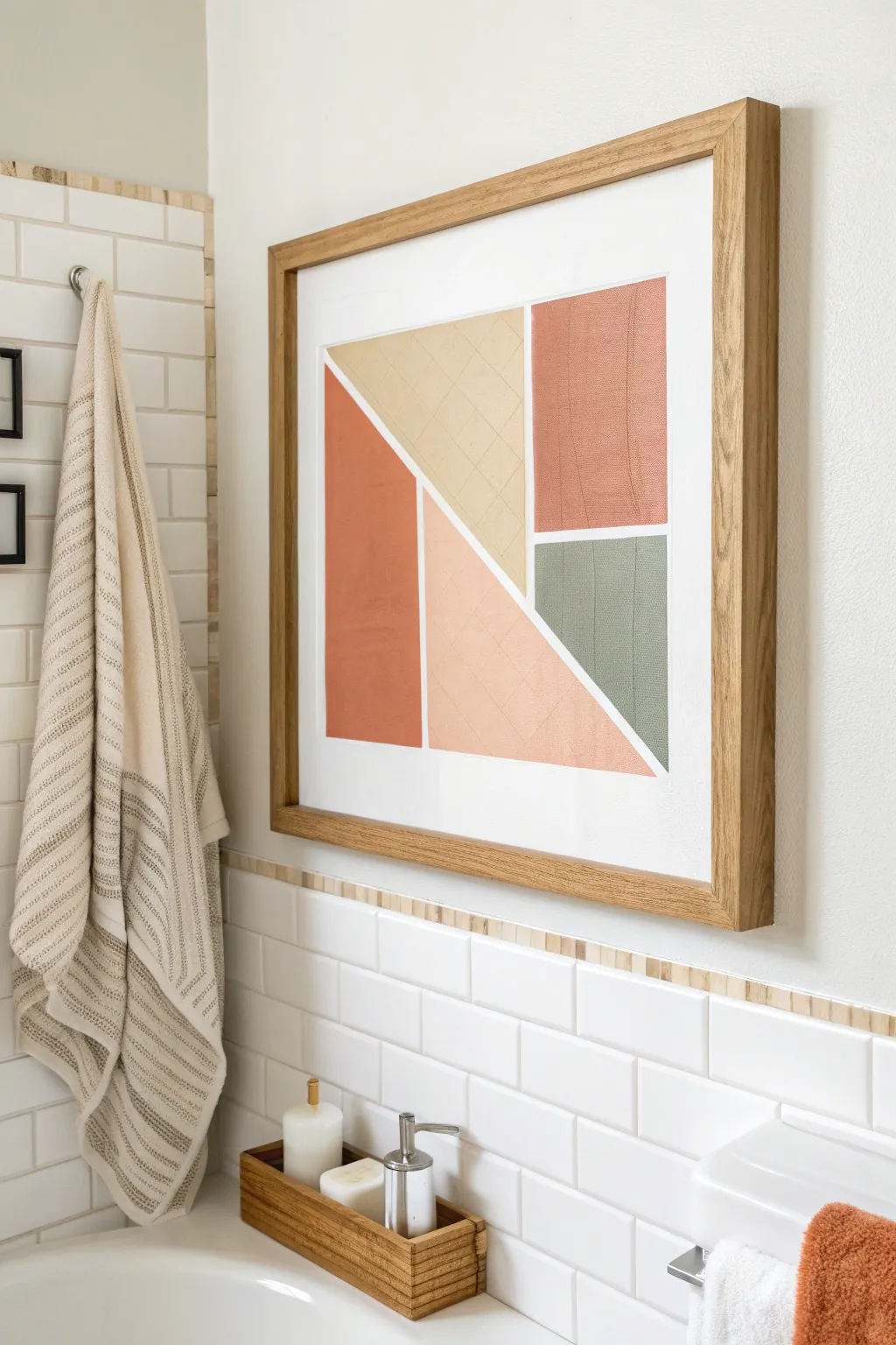 Color-block wall art that mirrors your towels and rug for an instantly cohesive bathroom look