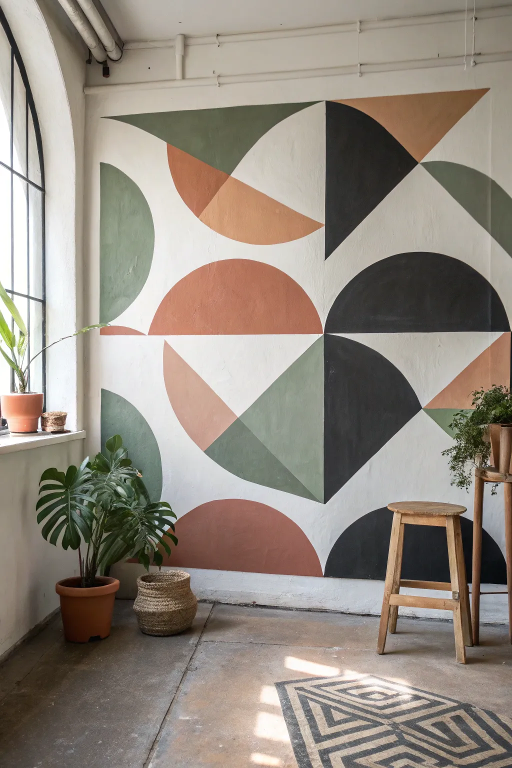 Transform your walls with this chic geometric mural in warm, soothing earth tones.